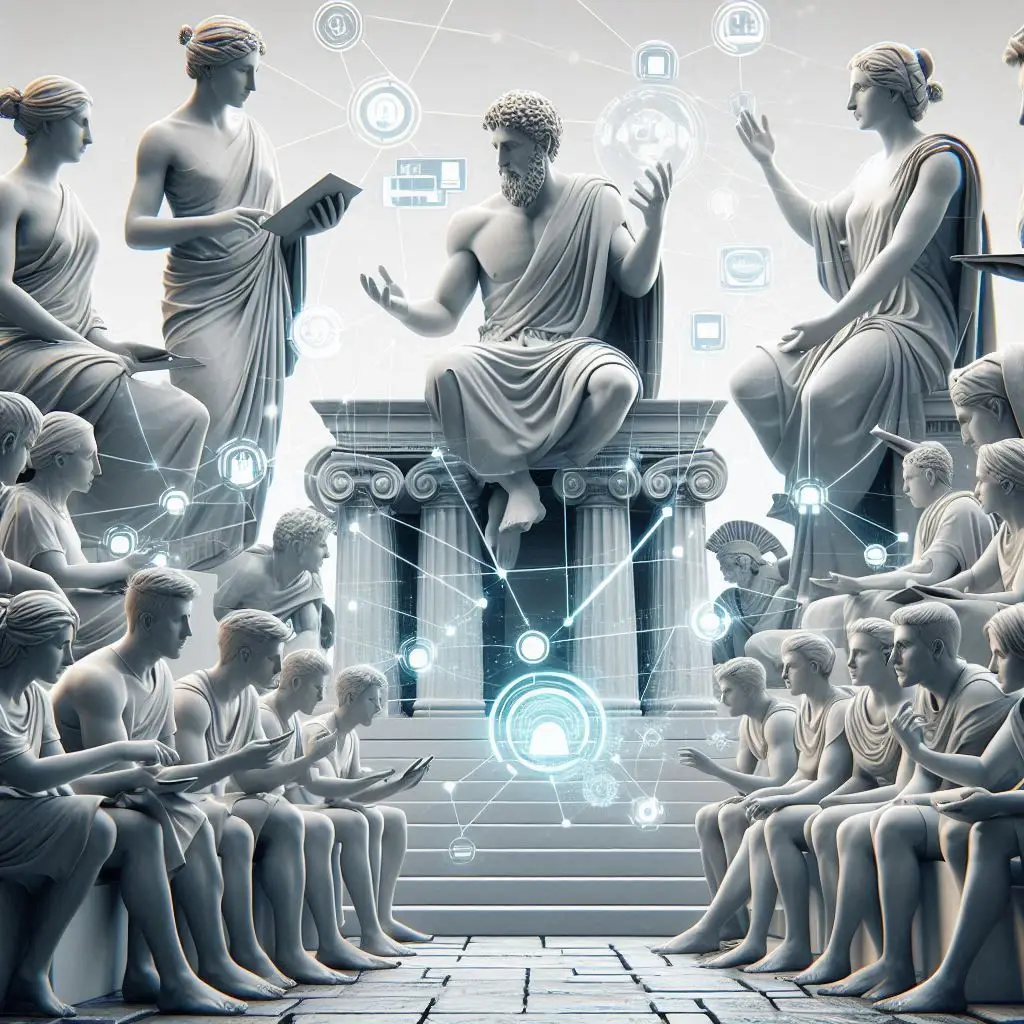 Stylized digital illustration showing ancient Greek women and men in traditional attire gathered in a marble forum, engaged in philosophical discussion. Subtle golden tones evoke a blend of classical wisdom and modern digital connectivity.