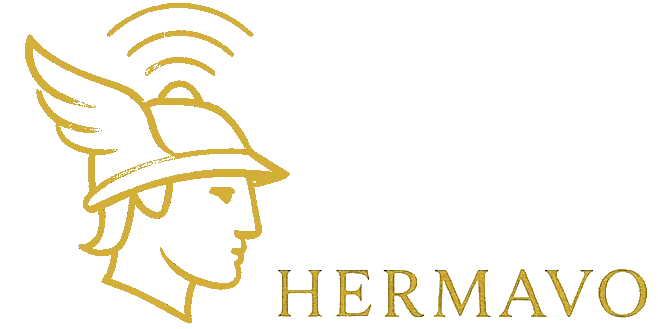 Hermavo logo in gold — stylized symbol inspired by Hermes and communication